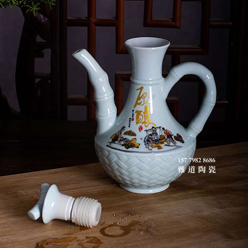 景德镇一斤装竹编纹原酿陶瓷酒坛