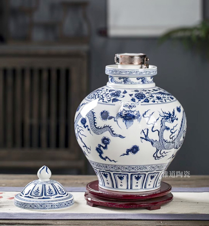 12斤手绘仿元青花龙纹复古酒坛(图6)