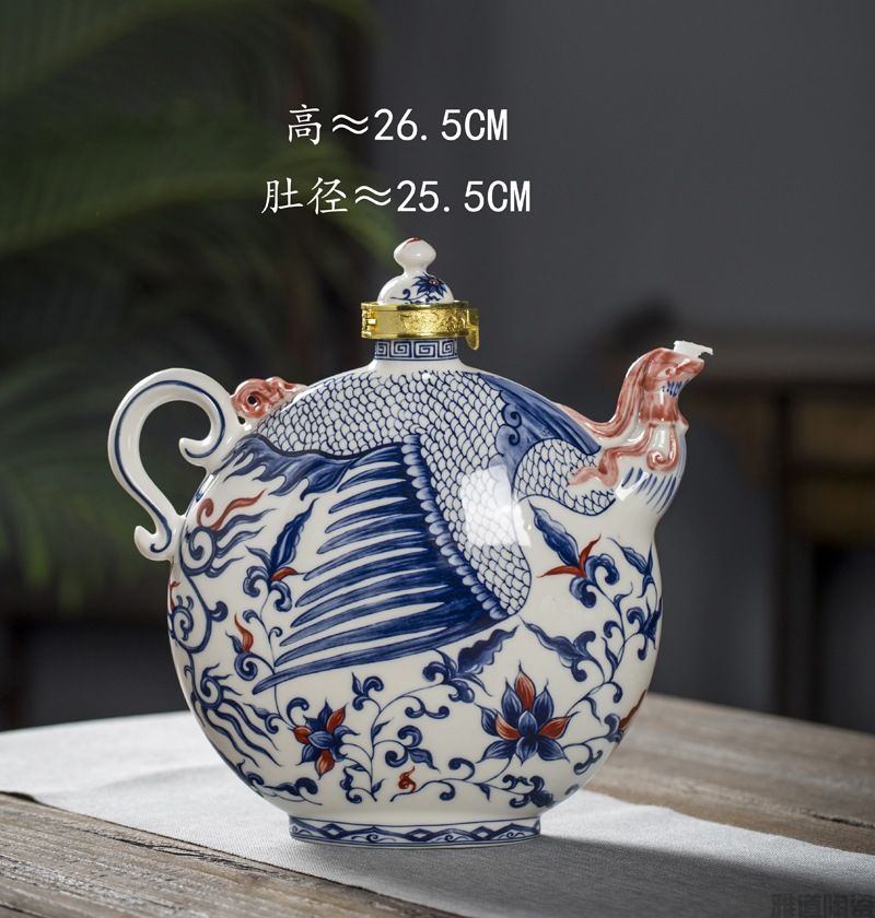 3斤仿古元青花艺术酒坛（红凤头扁壶）(图4)