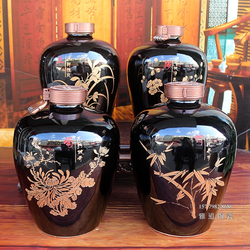 景德镇10斤装机雕梅兰竹菊乌金酒坛