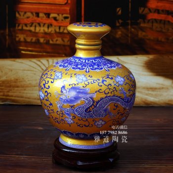 景德镇5斤点金青花龙酒坛（红金两色）