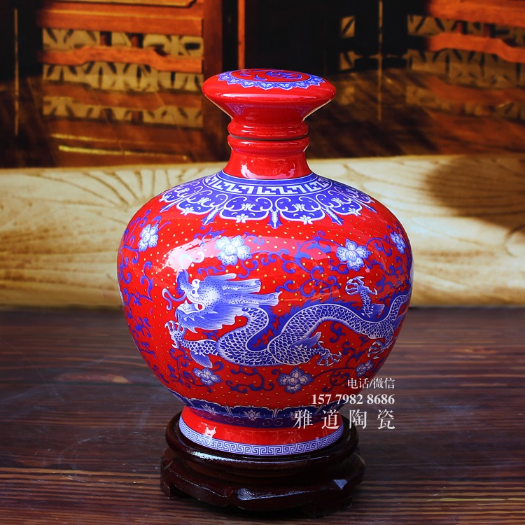 景德镇5斤点金青花龙酒坛-红色款