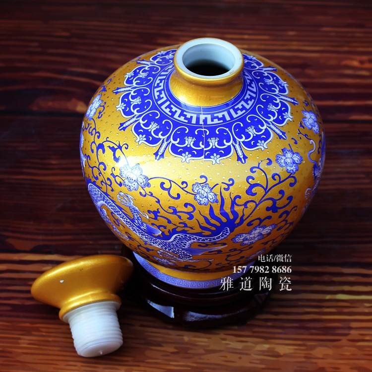 景德镇5斤点金青花龙酒坛-金色款
