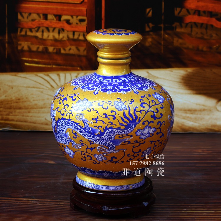 景德镇5斤点金青花龙酒坛-金色款