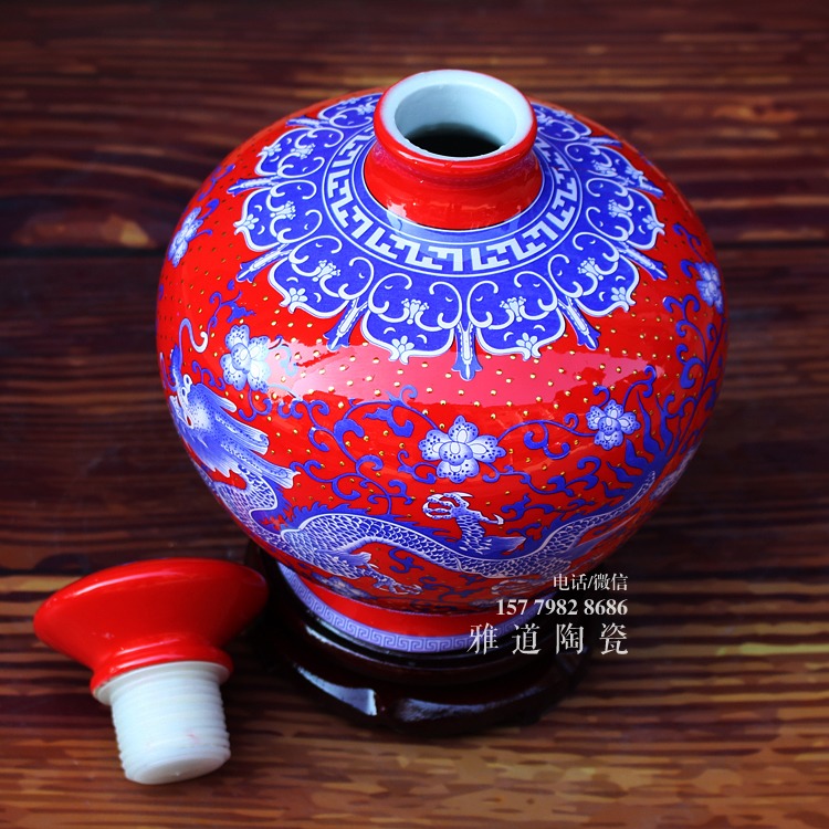 景德镇5斤点金青花龙酒坛-红色款