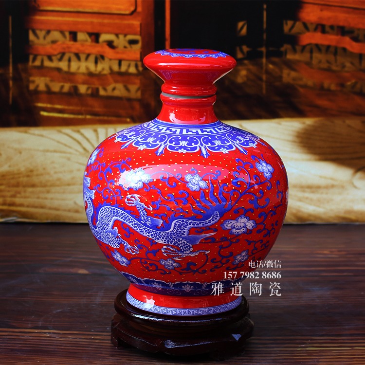 景德镇5斤点金青花龙酒坛-红色款