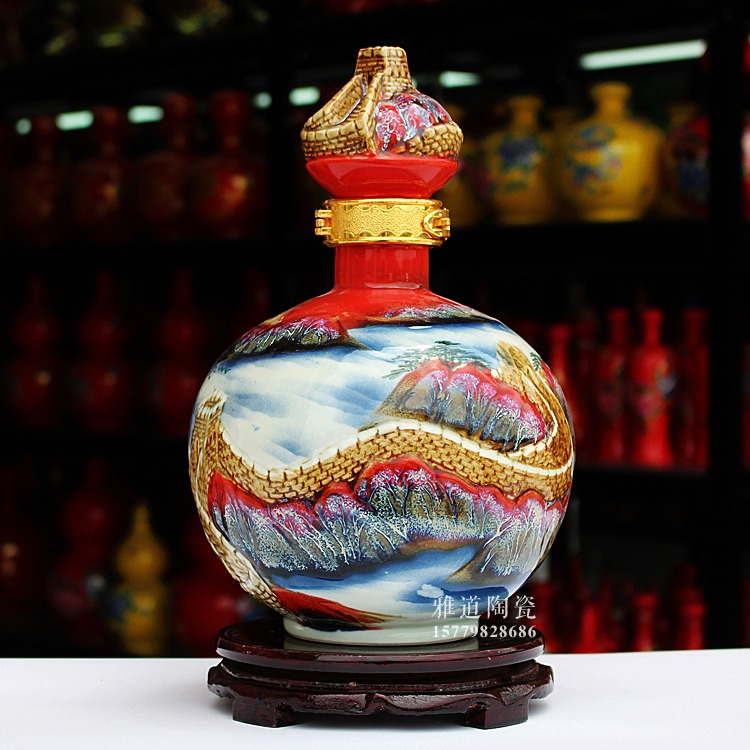 手工雕刻长城高温色釉陶瓷酒坛