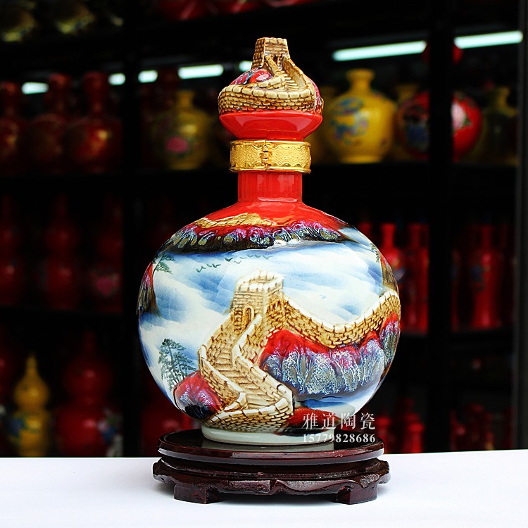 手工雕刻长城高温色釉陶瓷酒坛-5斤