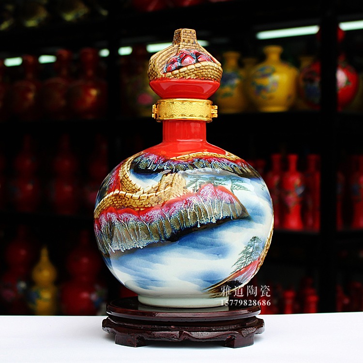 手工雕刻长城高温色釉陶瓷酒坛-5斤