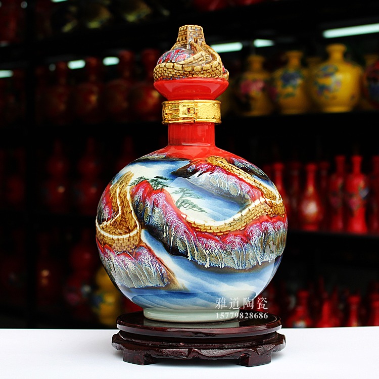 手工雕刻长城高温色釉陶瓷酒坛-5斤