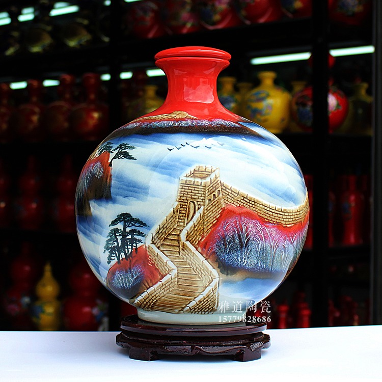 手工雕刻长城高温色釉陶瓷酒坛-10斤