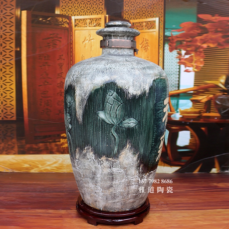 60斤100斤装手工雕刻荷花复古酒坛