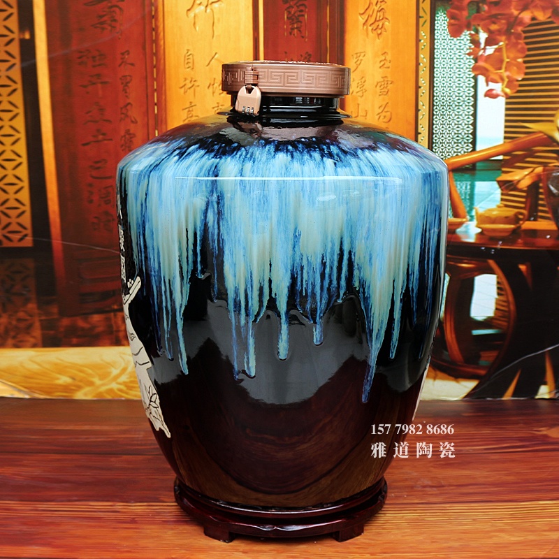 手工雕刻八骏图高档会所100斤装陶瓷酒坛