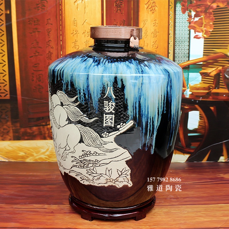 手工雕刻八骏图高档会所100斤装陶瓷酒坛