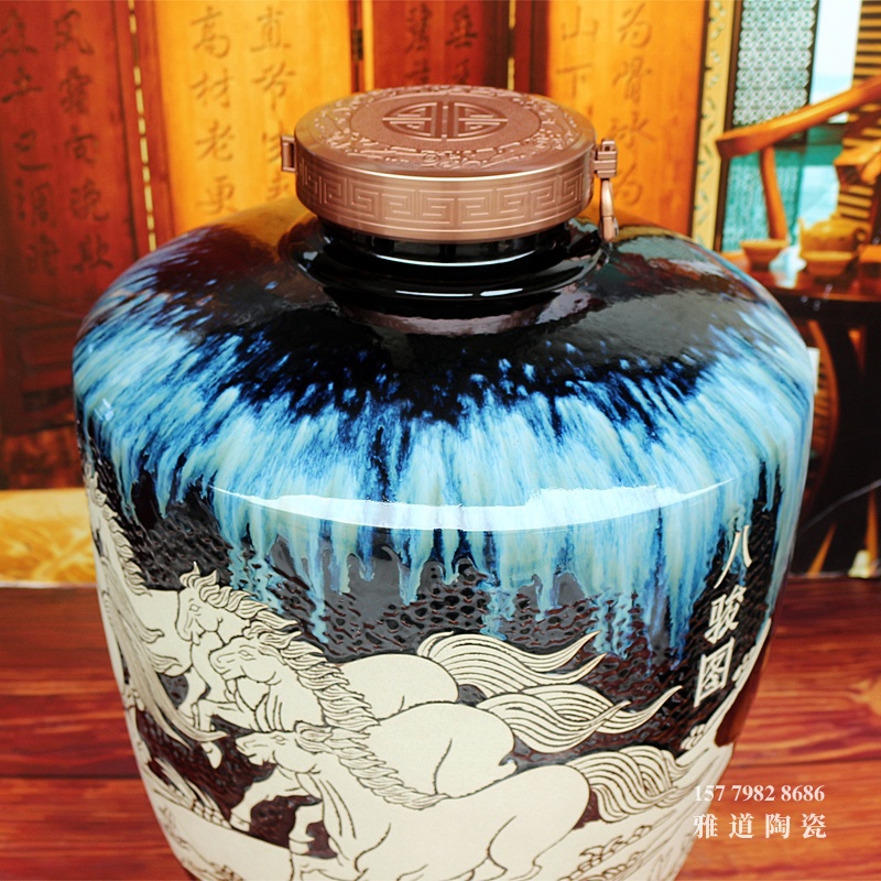 手工雕刻八骏图高档会所100斤装陶瓷酒坛