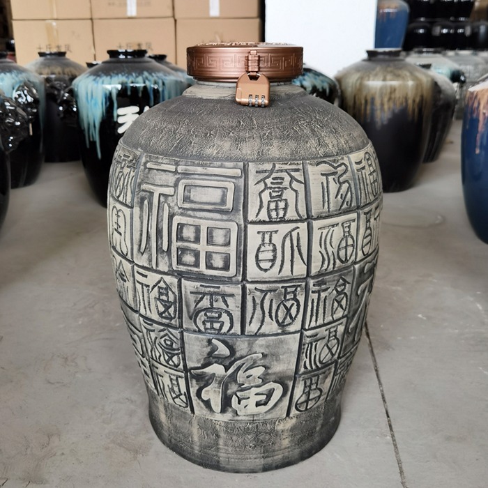 景德镇50斤雕刻百福工艺陶瓷酒坛
